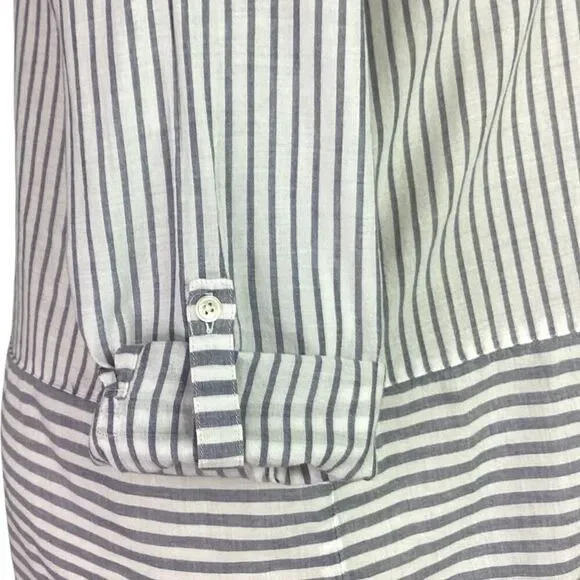J Jill Fit Top Women L Gray White Cotton Stripe Roll Tab Sleeve High Low Tunic - Picture 8 of 11
